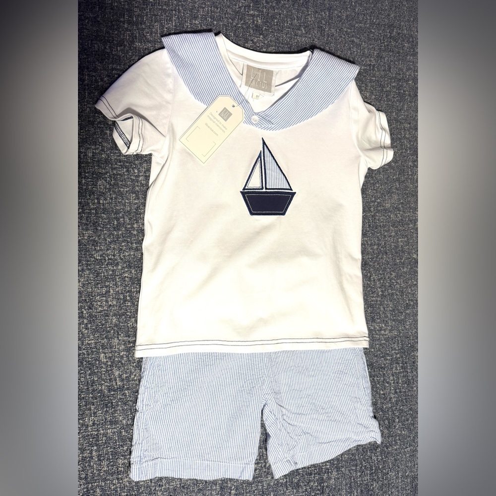 Lil Cactus white sailboat tee and blue seersucker shorts, size 5, NWT